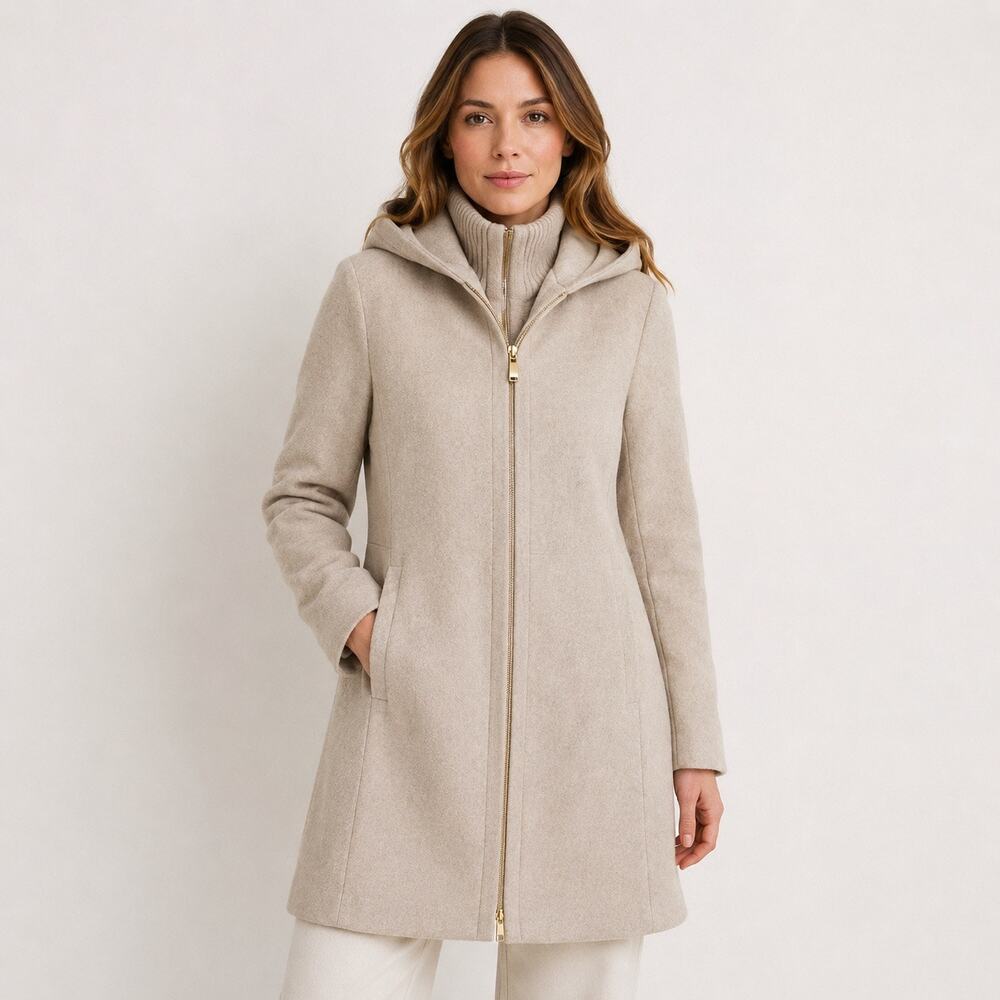ZARA BASIC | Hooded Wool Blend Long Coat Oatmeal Beige Hood Sweater Neck‎ | XL